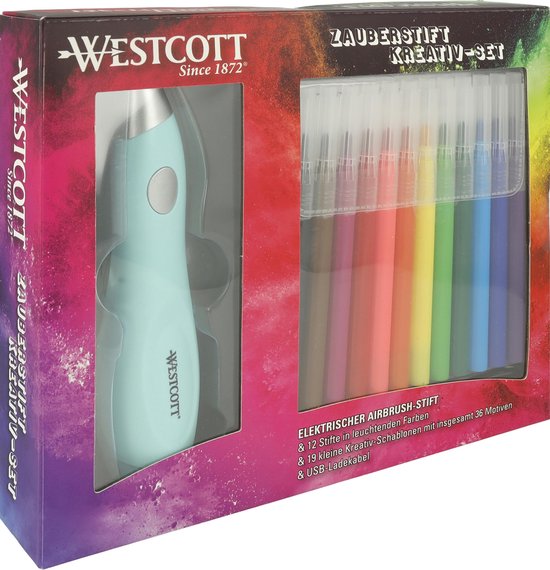 Westcott Airbrush Set Elektrische Pen 12 Stiften 36 Sjablonen Kinderen