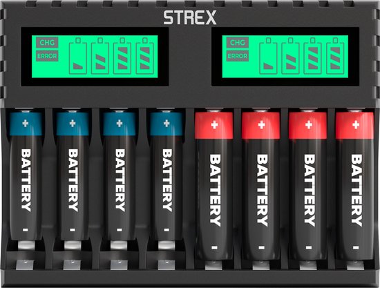 Strex Batterij Oplader 8x AA/AAA LCD Display